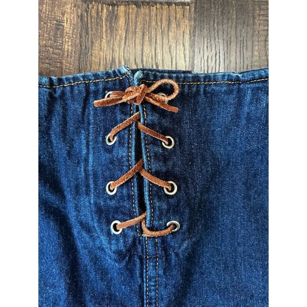 Z Cavaricci Denim Jean Mini Skirt Leather Lace Up Tie SZ 3 Small Y2K Grunge 90's